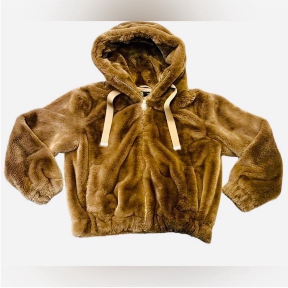 Zara Golden Brown Faux Fur Teddy With A Hoodie w/ A Slight Cropped Design - Picture 6 of 9